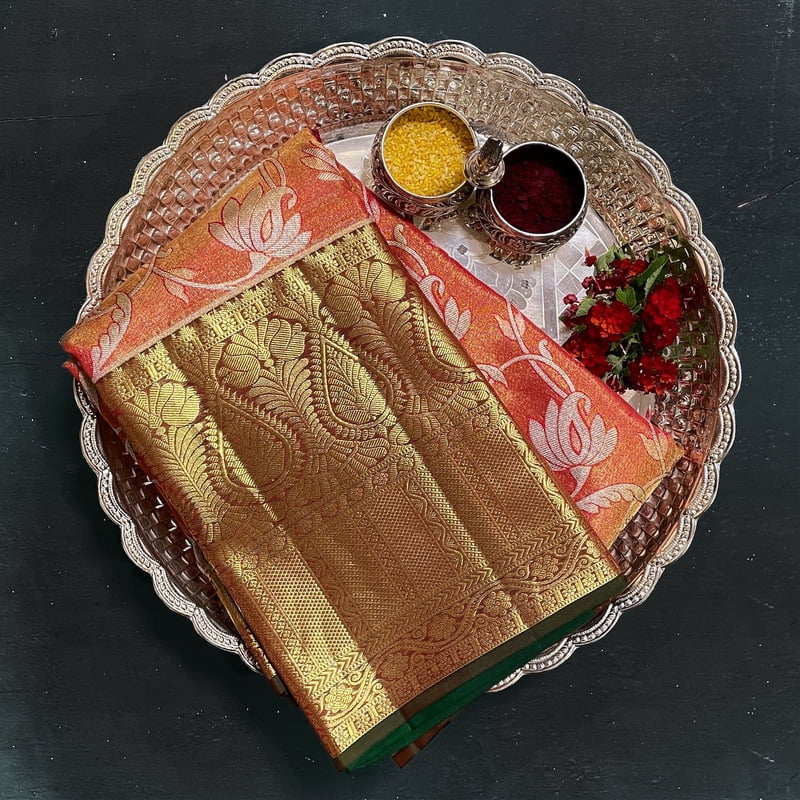 Coral Orange Kanchipuram with Gemstone Green