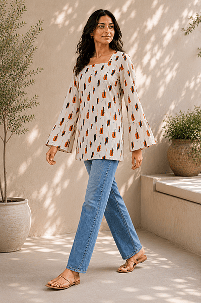 Ivory Abstract Print Bell Sleeve Short Top | Cotton Ivory Abstract Print Bell Sleeve Short Top | Cotton