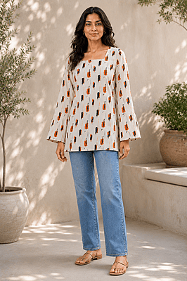 Ivory Abstract Print Bell Sleeve Short Top | Cotton Ivory Abstract Print Bell Sleeve Short Top | Cotton