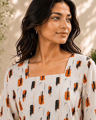 Ivory Abstract Print Bell Sleeve Short Top | Cotton Ivory Abstract Print Bell Sleeve Short Top | Cotton