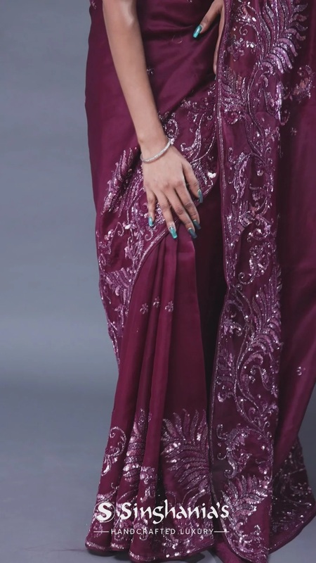Burgundy Organza Saree With Open Designer Border