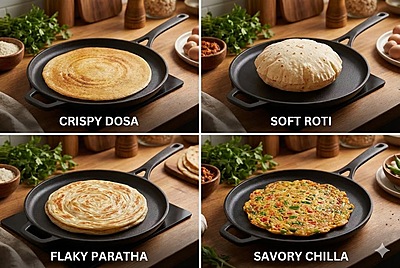 Granny kitchen Cast Iron Flat Tawa | Pre-Seasoned Heavy Cast Iron Tawa |