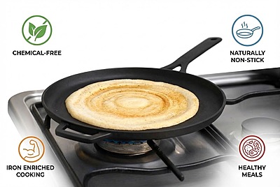 Onions Cast Iron Flat Tawa for Dosa, Roti & Paratha, Pre-Seasoned, Heavy Duty,