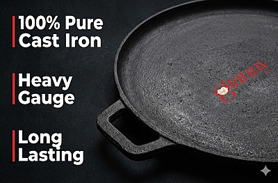 Onions Cast Iron Flat Tawa for Dosa, Roti & Paratha, Pre-Seasoned, Heavy Duty,