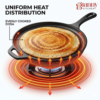 Granny kitchen Cast Iron Flat Tawa | Pre-Seasoned Heavy Cast Iron Tawa |