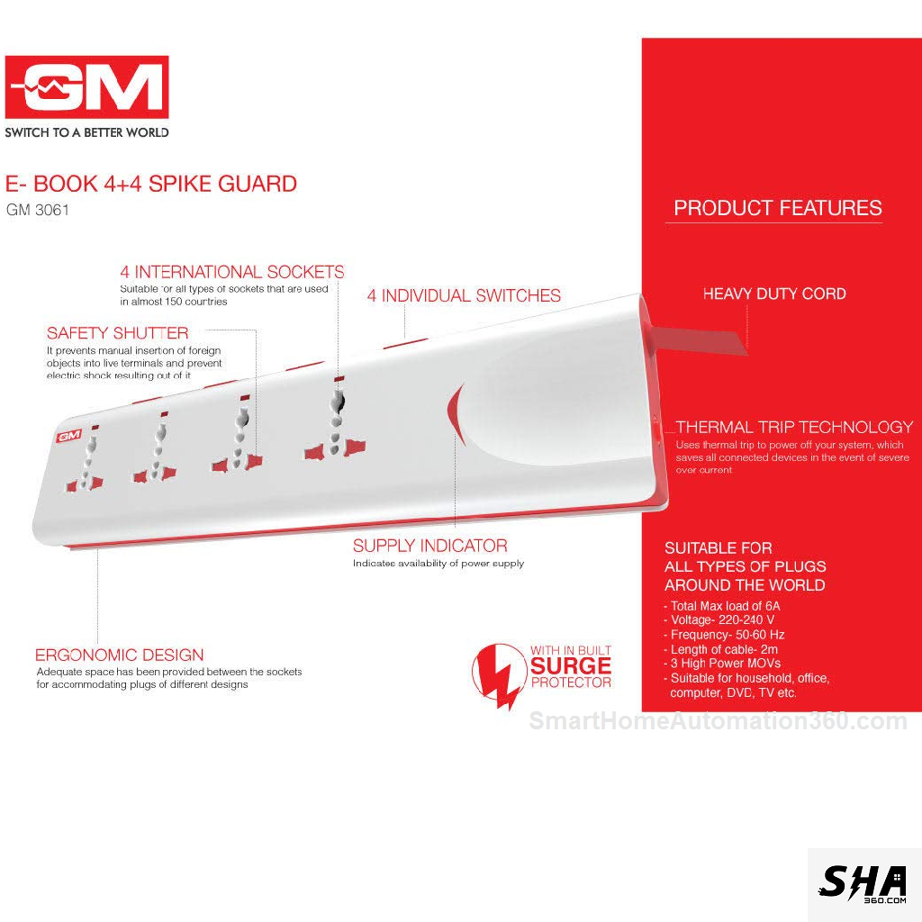 GM Modular E-Book 4+4 Spike, Individual Switch, Indicator, Safety Shutter, International Sockets & Surge Protector, GM 3061 - Sha360