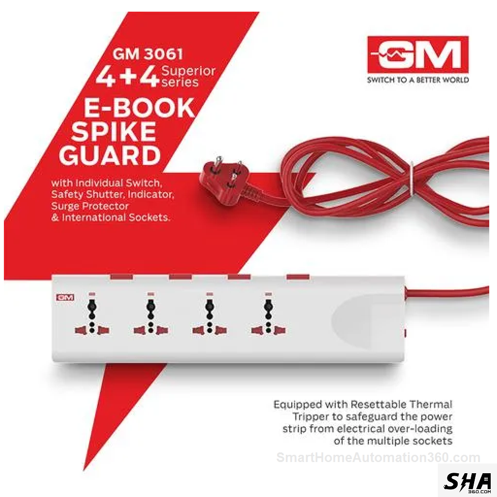 GM Modular E-Book 4+4 Spike, Individual Switch, Indicator, Safety Shutter, International Sockets & Surge Protector, GM 3061 - Sha360