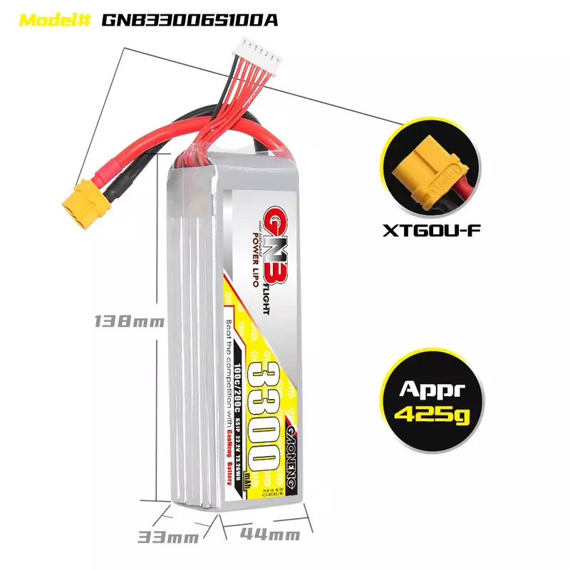 GNB 3300mAh 6S1P 22.2V 100C Lipo Battery - High Discharge XT90 Pack for FPV and UAV Drones GNB 3300mAh 6S1P 22.2V 100C Lipo Battery - High Discharge XT90 Pack for FPV and UAV Drones