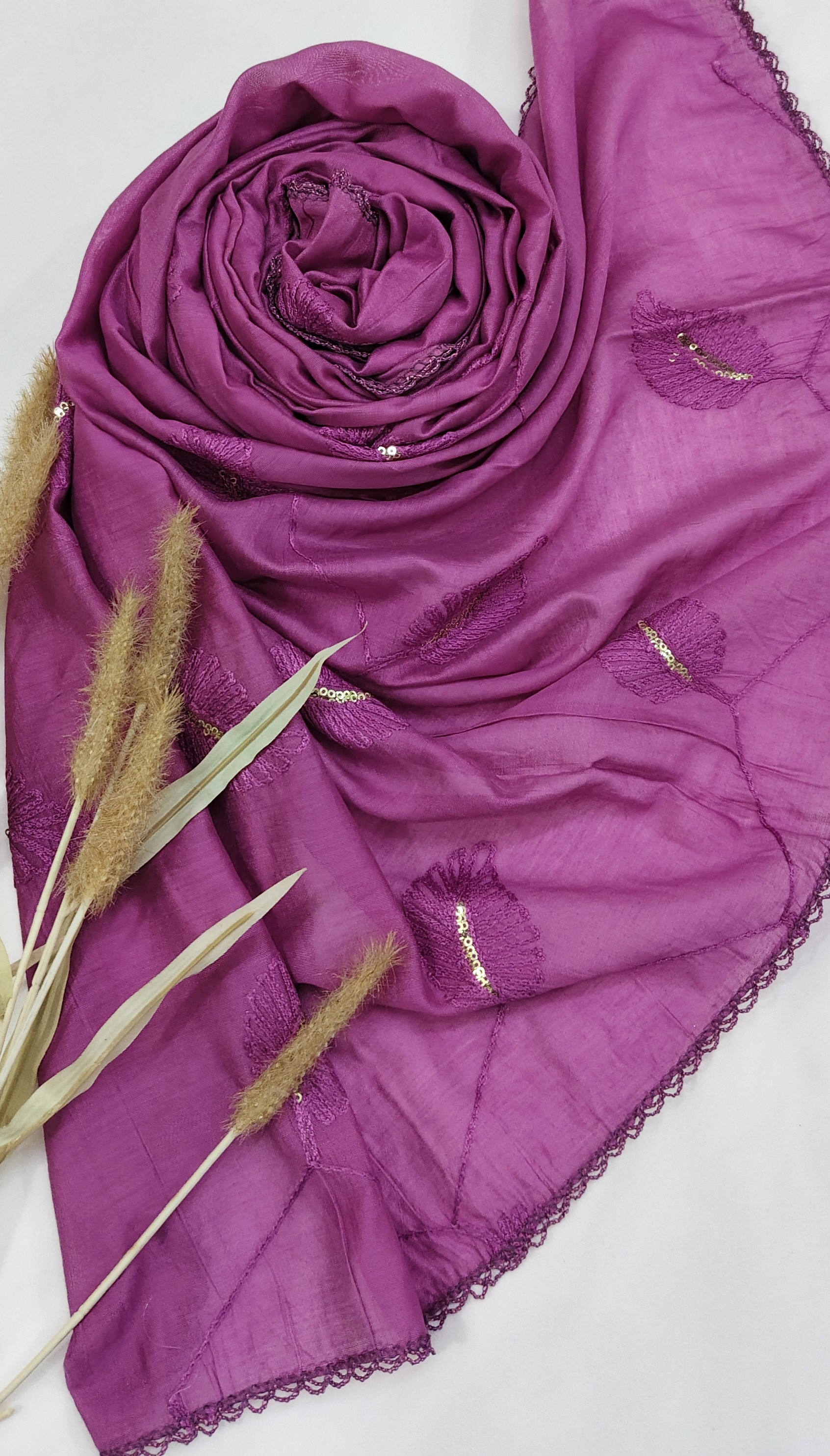 Cotton Gadhwal Crochet with Embroider Leaves Hijab