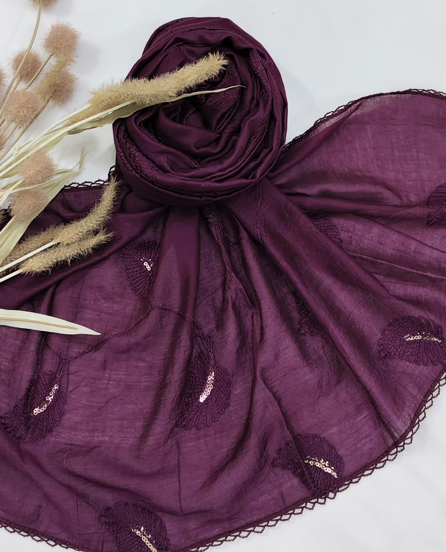 Cotton Gadhwal Crochet with Embroider Leaves Hijab