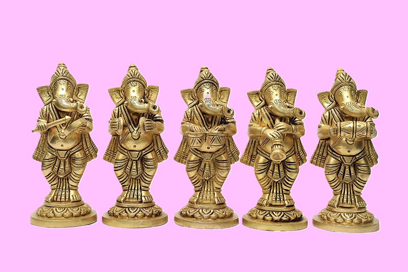 Brass Ganesha Musical Set of 5 Idols - 5.5 inch Height | Melodious Brass Idols for Prosperity