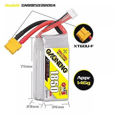 GNB-BATT-43 GNB 1850mAh 3S1P 11.1V 100C Lipo Battery - Racing quad battery