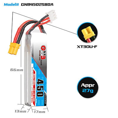 GNB 450mAh 2S1P 7.4V 80C Long Type Lipo Battery
