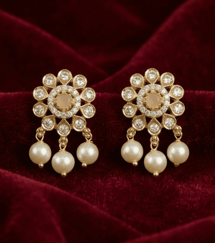 Royal Ruby Floral Pearl Stud Earrings