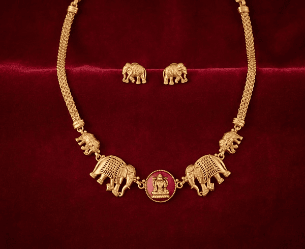 Temple Elephant Motif Gold-Tone Necklace Set