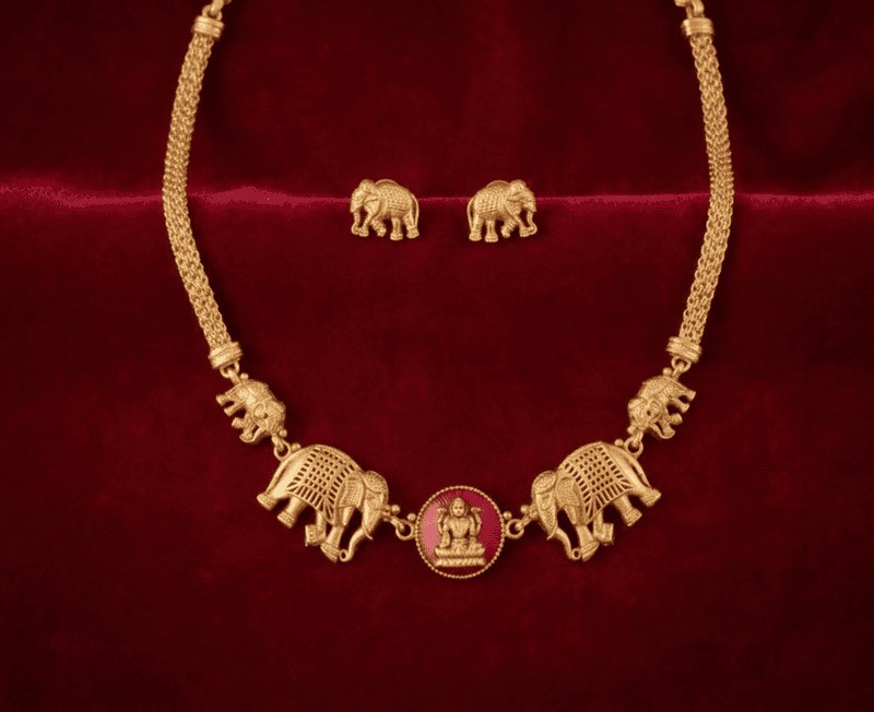 Temple Elephant Motif Gold-Tone Necklace Set
