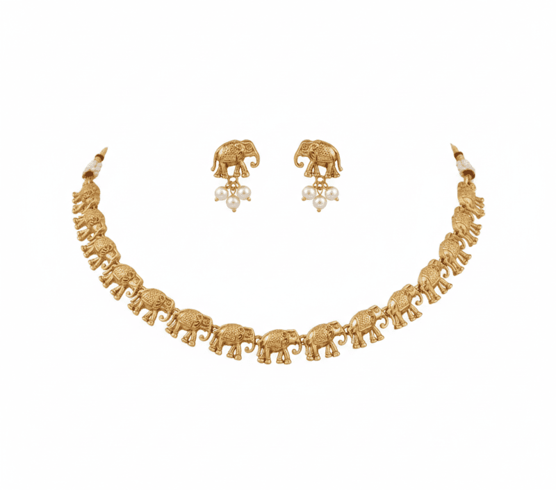 Traditional Elephant Design Gold-Tone Necklace Set with Earrings