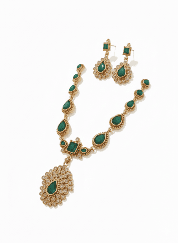 Elegant Green Stone Necklace Set with Crystal Pendant.