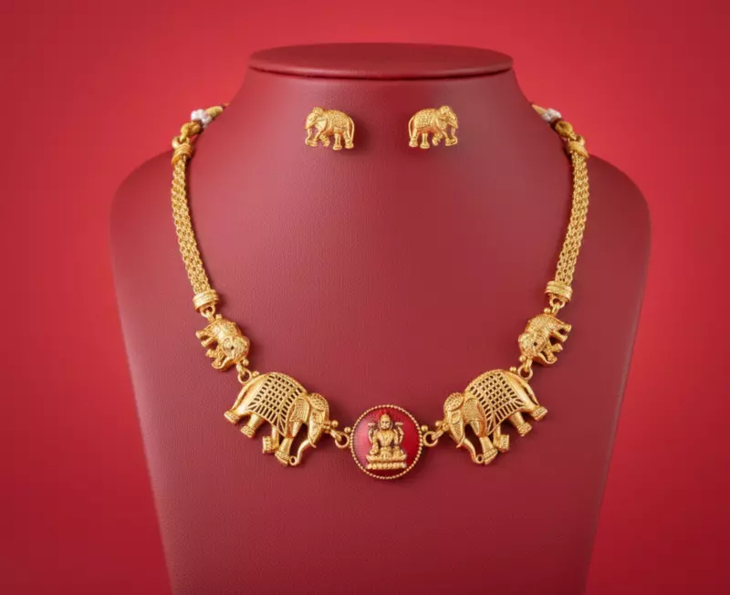 Temple Elephant Motif Gold-Tone Necklace Set
