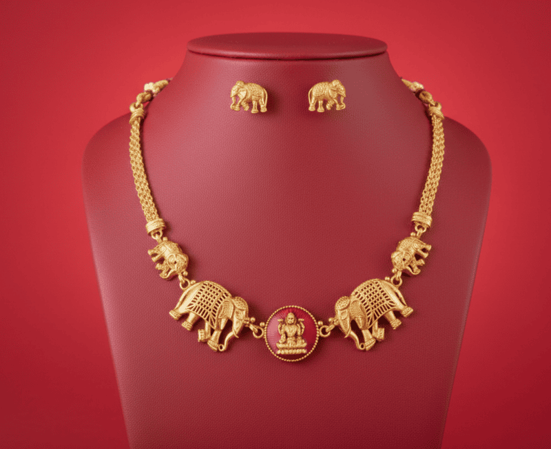 Temple Elephant Motif Gold-Tone Necklace Set