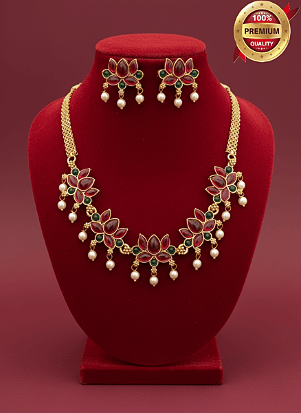 Traditional Lotus Design Ruby & Green Stone Necklace Set