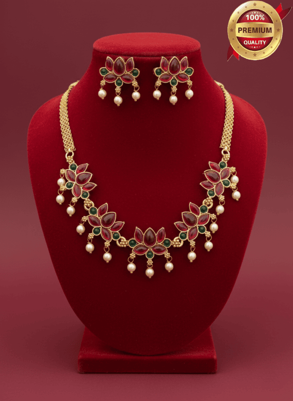 Traditional Lotus Design Ruby & Green Stone Necklace Set