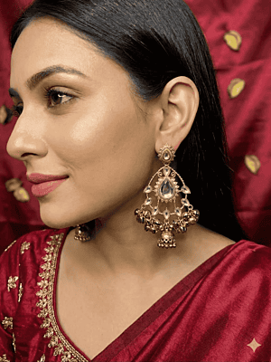 Gold-Plated Kundan Chandbali Earrings with Ghungroo Droplets