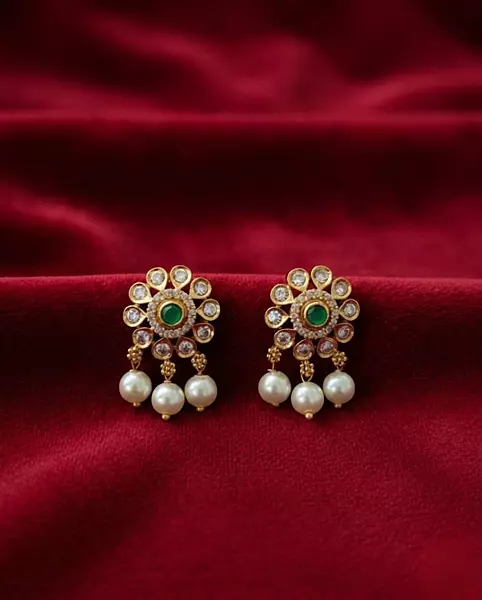 Floral Emerald Pearl Drop Stud Earrings