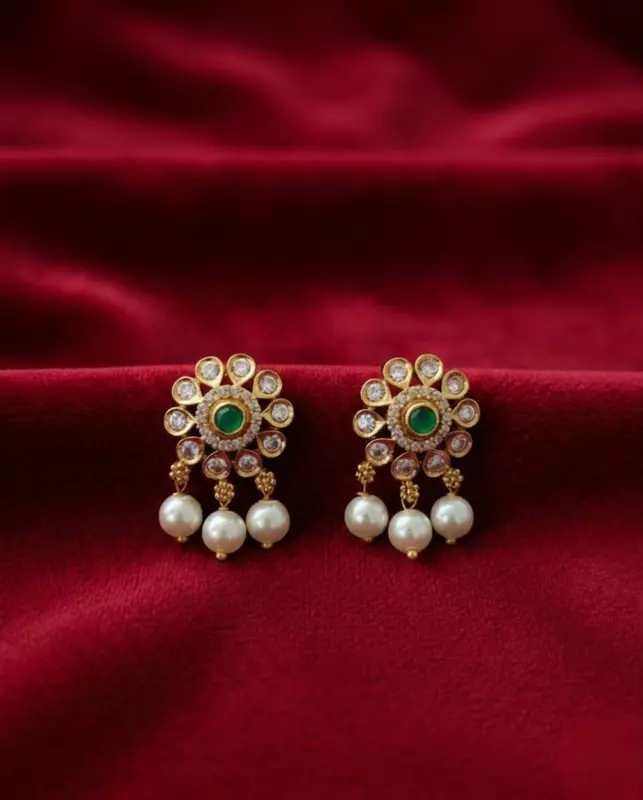 Floral Emerald Pearl Drop Stud Earrings