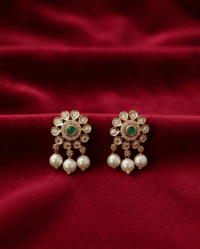 Floral Emerald Pearl Drop Stud Earrings