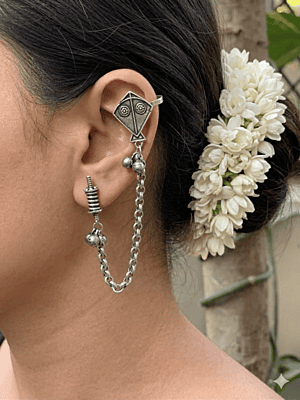 Patang (Kite) Oxidized Silver Chain Earcuff