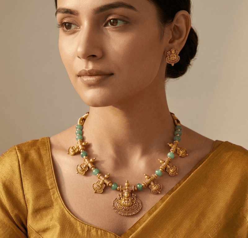 Traditional green Lakshmi necklace with matching earrings