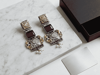 Royal Dual-Tone Temple Drop Earrings with Ruby Glass & Pearls