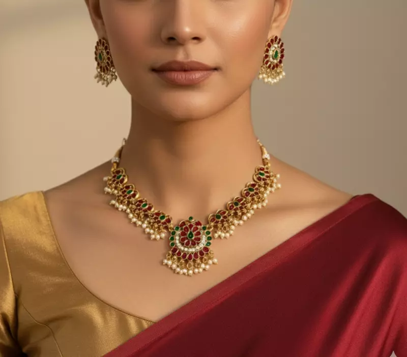 Ruby & Emerald Floral Pearl Necklace Set
