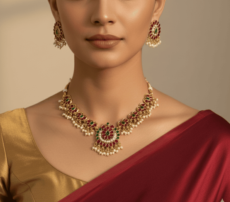 Ruby & Emerald Floral Pearl Necklace Set