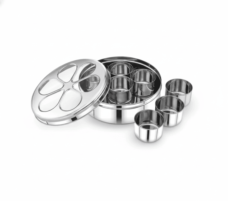 Onions Stainless Steel Masala Box (Patiala Style) with 7 Containers & Transparent Lid