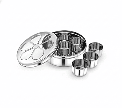 Granny Kitchen Stainless Steel Masala Box (Patiala Style) with 7 Containers & Transparent Lid