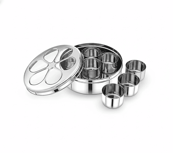 Granny Kitchen Stainless Steel Masala Box (Patiala Style) with 7 Containers & Transparent Lid