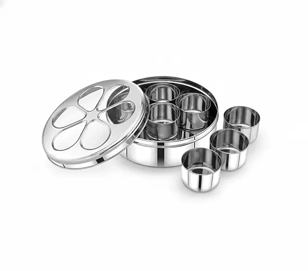 Granny Kitchen Stainless Steel Masala Box (Patiala Style) with 7 Containers & Transparent Lid