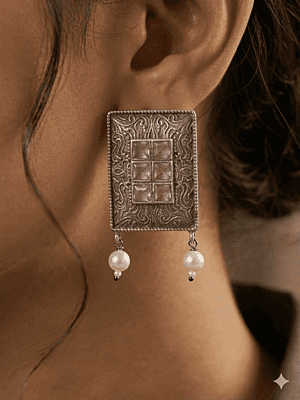 Empress Vintage Oxidized Silver Rectangular Earrings with Rose Quartz & Pearl Accents Empress Vintage Oxidized Silver Rectangular Earrings with Rose Quartz & Pearl Accents