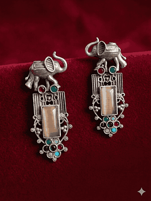 Gaja-Varna Oxidized Silver Elephant Drops with Multi-Color Stone Accents Gaja-Varna Oxidized Silver Elephant Drops with Multi-Color Stone Accents