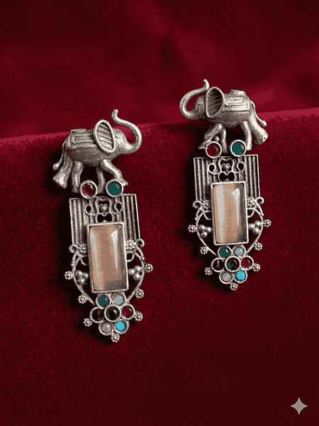 Gaja-Varna Oxidized Silver Elephant Drops with Multi-Color Stone Accents Gaja-Varna Oxidized Silver Elephant Drops with Multi-Color Stone Accents