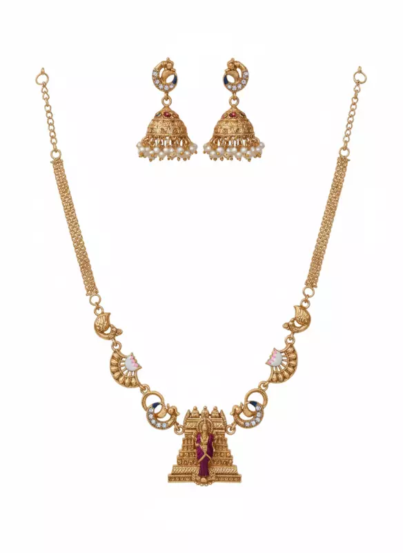 Traditional Temple Pendant Necklace with Jhumka Earrings