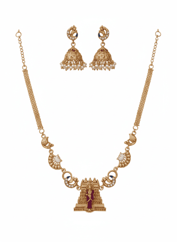 Traditional Temple Pendant Necklace with Jhumka Earrings
