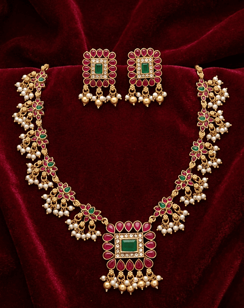 Royal Floral Pearl Drop Necklace Set
