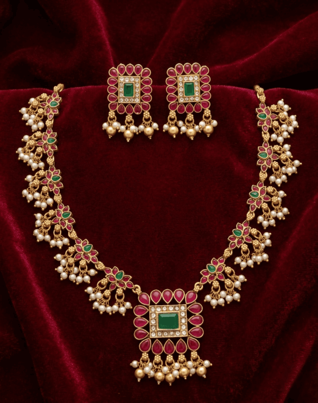 Royal Floral Pearl Drop Necklace Set