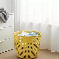 Yellow Round Woven Plastic Laundry Basket with Handle