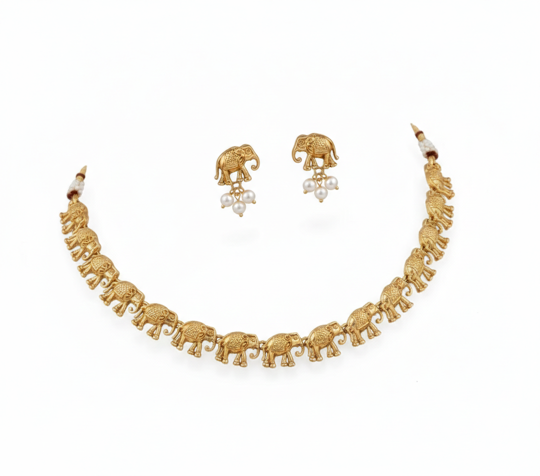 Traditional Elephant Design Gold-Tone Necklace Set with Earrings