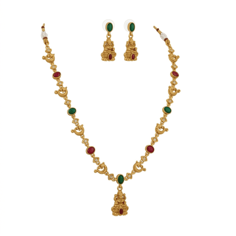 Lakshmi Pendant Necklace Set with Multicolor Stones