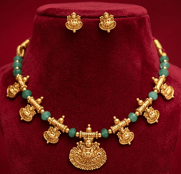 Traditional green Lakshmi necklace with matching earrings